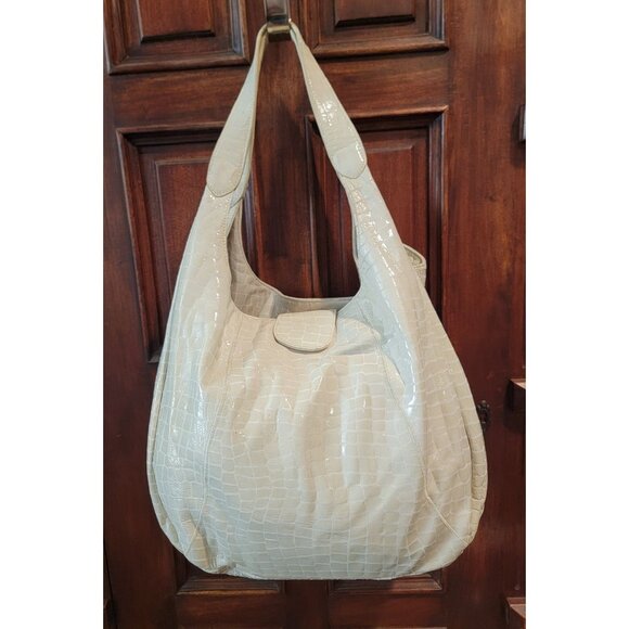 CHI By Carlos Falchi Croc Embossed Beige Leather Hobo Shoulder Bag w/ Dustbag - Picture 2 of 11